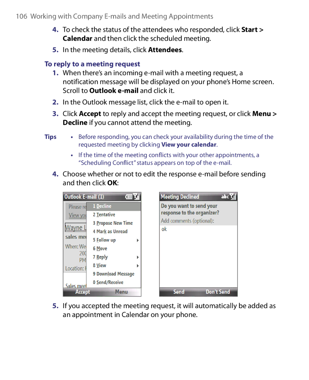 HTC WING160, LIBR160 user manual To reply to a meeting request, Requested meeting by clicking View your calendar 