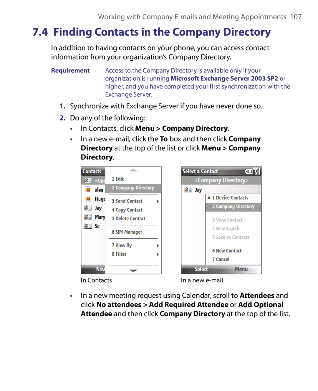 HTC LIBR160, WING160 user manual Finding Contacts in the Company Directory, Contacts, click Menu Company Directory 