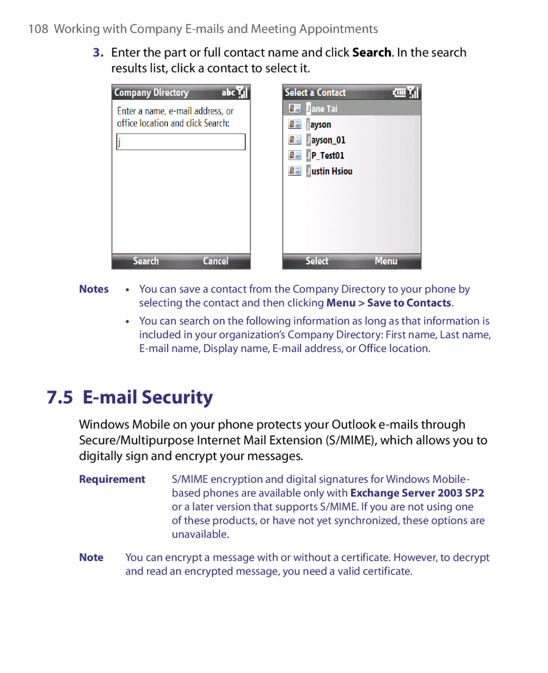 HTC WING160, LIBR160 user manual Mail Security 