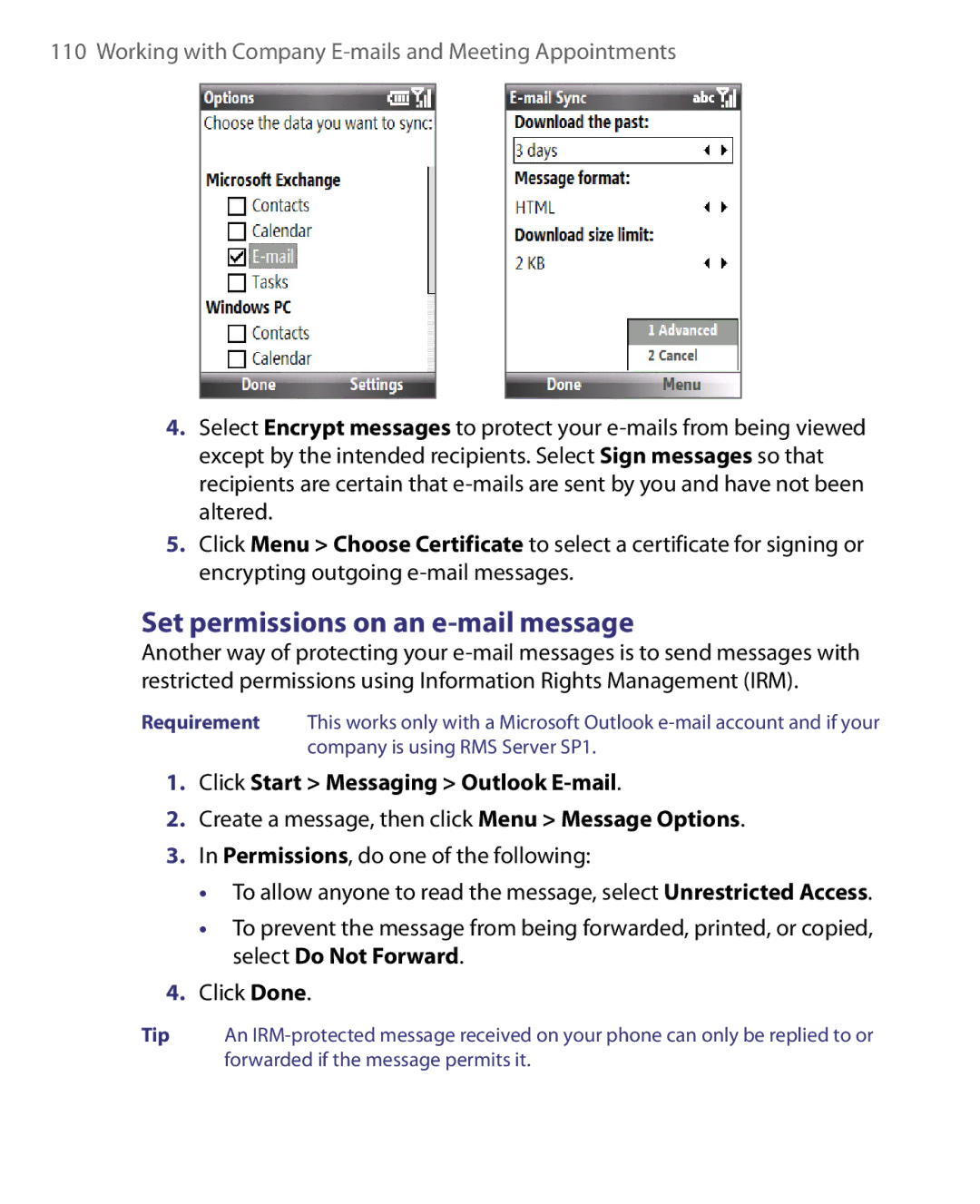 HTC WING160, LIBR160 user manual Set permissions on an e-mail message 