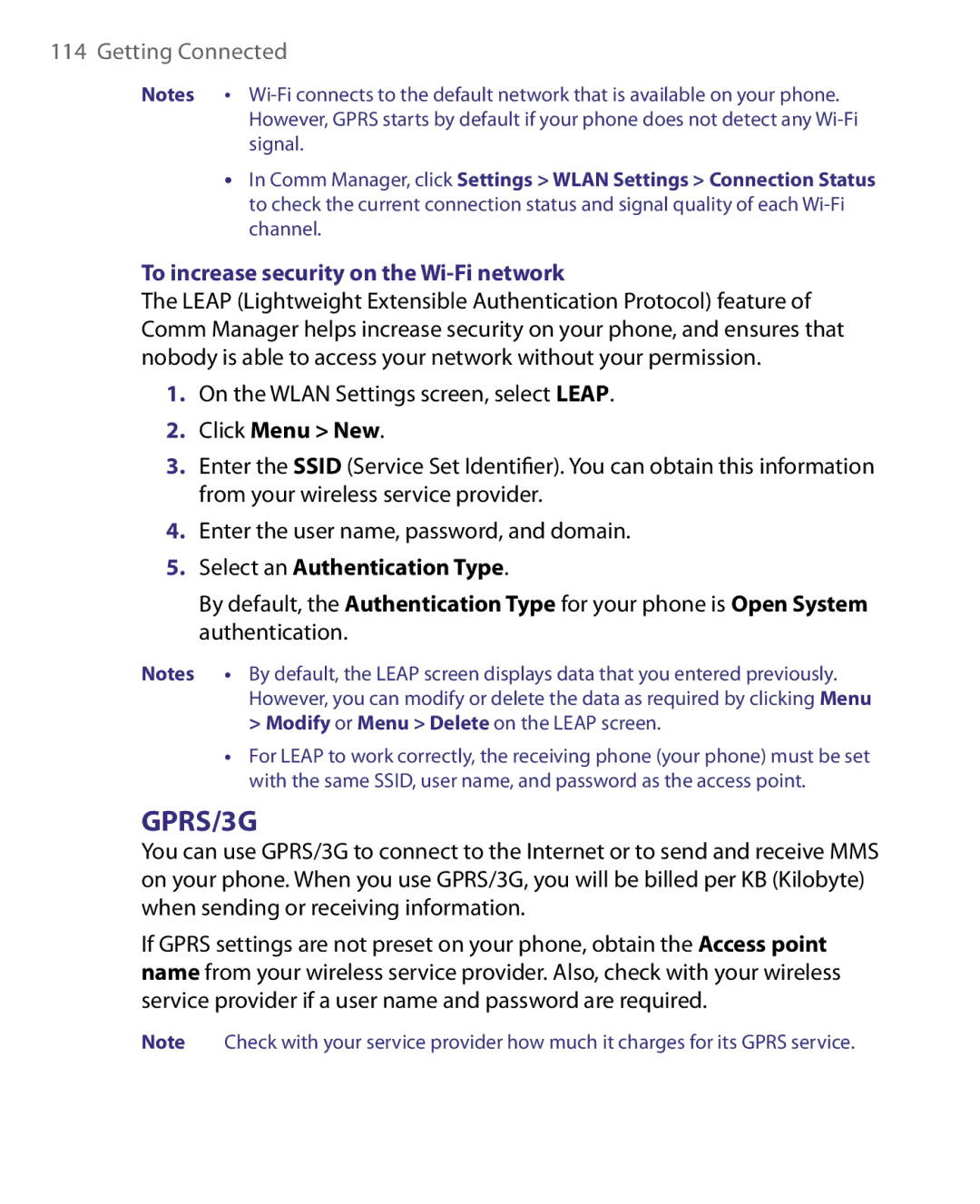 HTC WING160, LIBR160 user manual To increase security on the Wi-Fi network, On the Wlan Settings screen, select Leap 