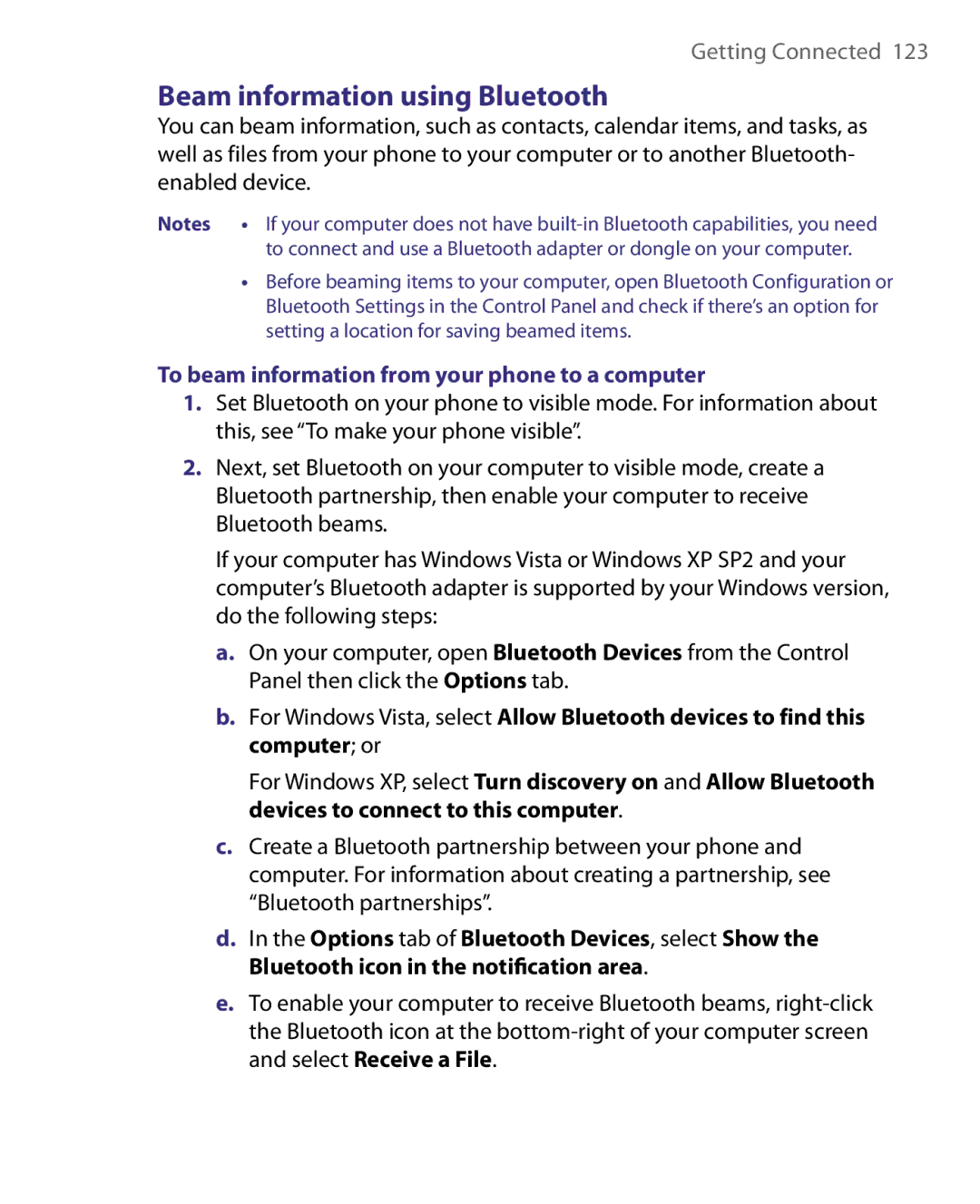 HTC LIBR160, WING160 user manual Beam information using Bluetooth, To beam information from your phone to a computer 