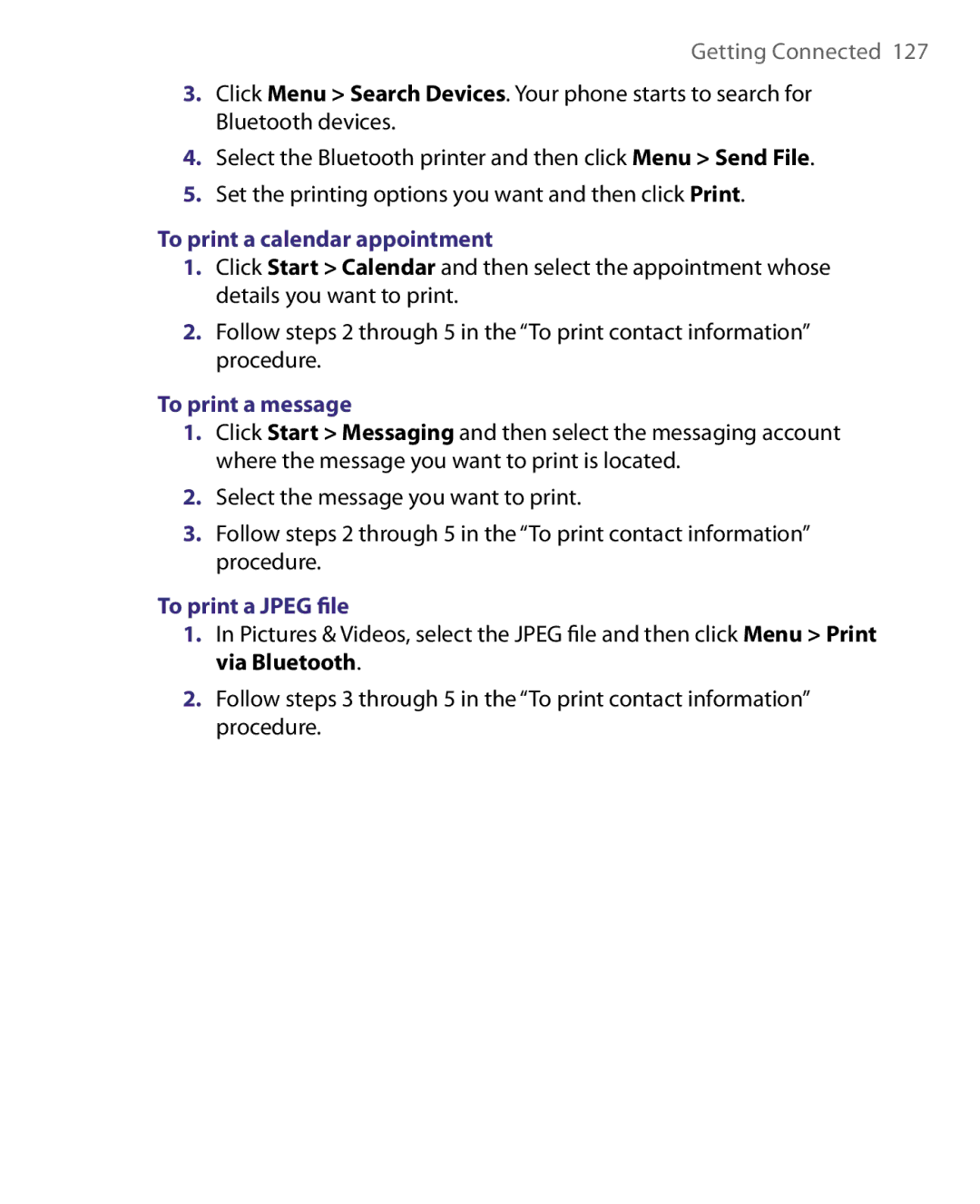 HTC LIBR160, WING160 user manual To print a calendar appointment, To print a message, To print a Jpeg ﬁle 