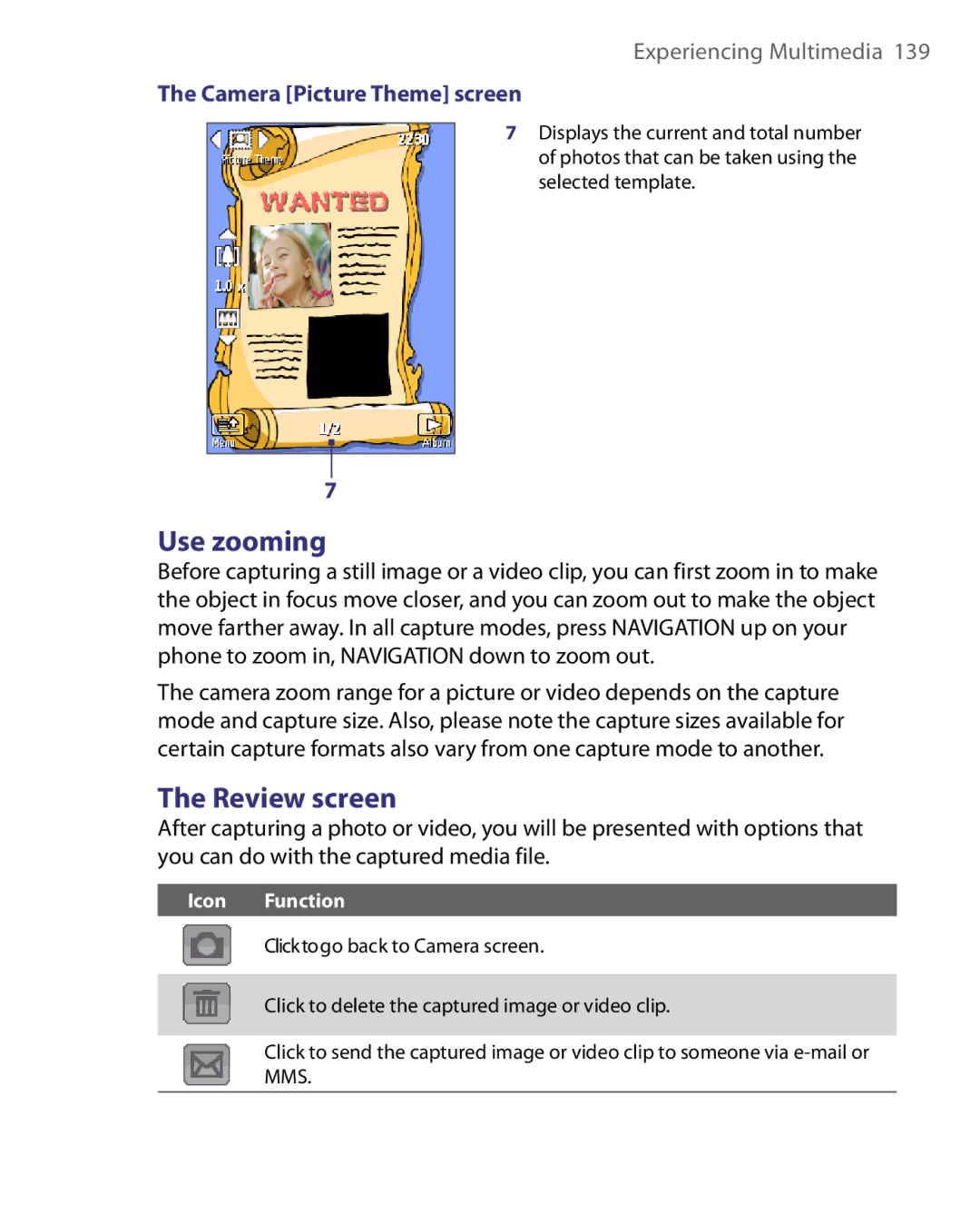 HTC LIBR160, WING160 user manual Use zooming, Review screen, Camera Picture Theme screen, Icon Function 