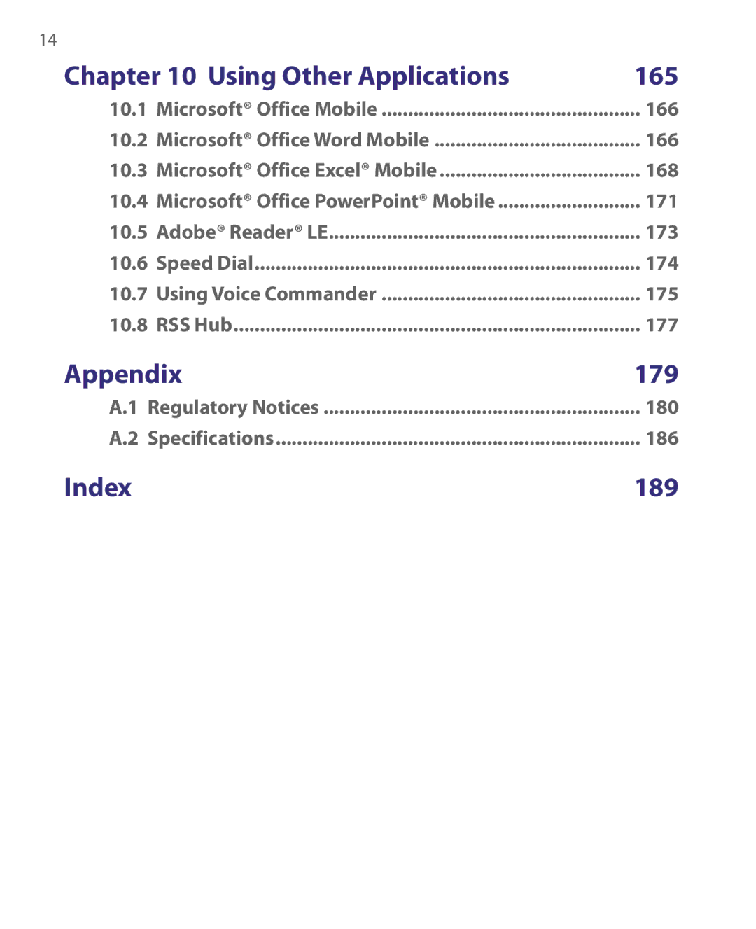 HTC WING160, LIBR160 user manual Using Other Applications 165, Appendix 179, Index 189 