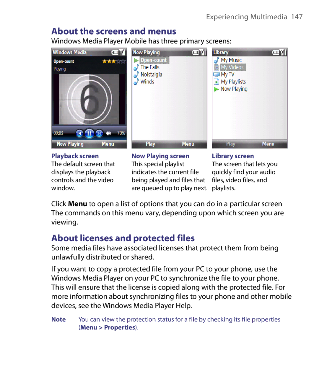 HTC LIBR160, WING160 user manual About the screens and menus, About licenses and protected files 