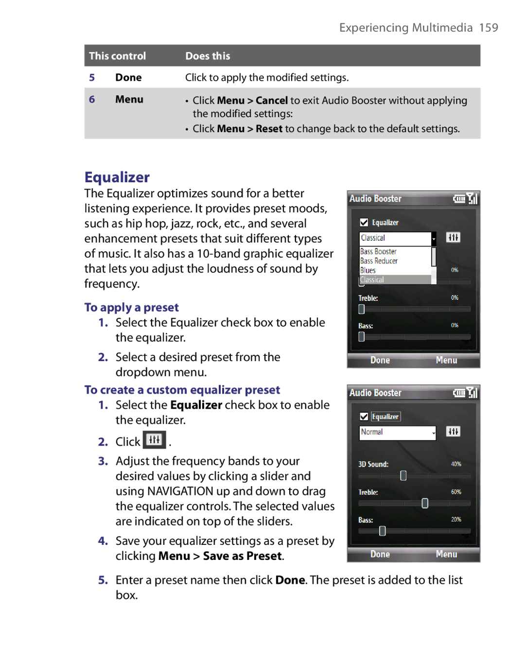 HTC LIBR160, WING160 user manual Equalizer, To apply a preset, To create a custom equalizer preset, Done 