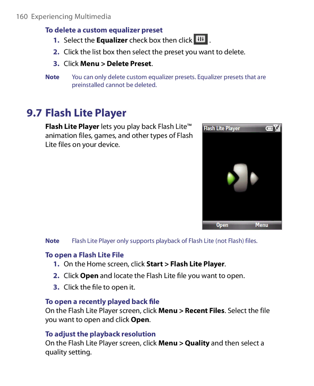 HTC WING160, LIBR160 user manual To delete a custom equalizer preset, Click Menu Delete Preset, To open a Flash Lite File 