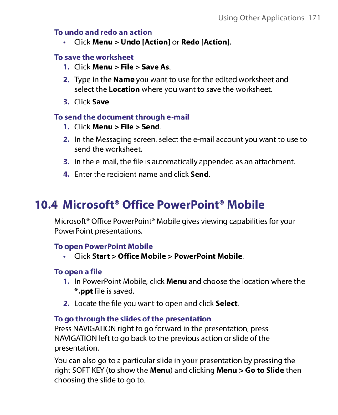 HTC LIBR160, WING160 user manual To undo and redo an action, To save the worksheet, To open PowerPoint Mobile 