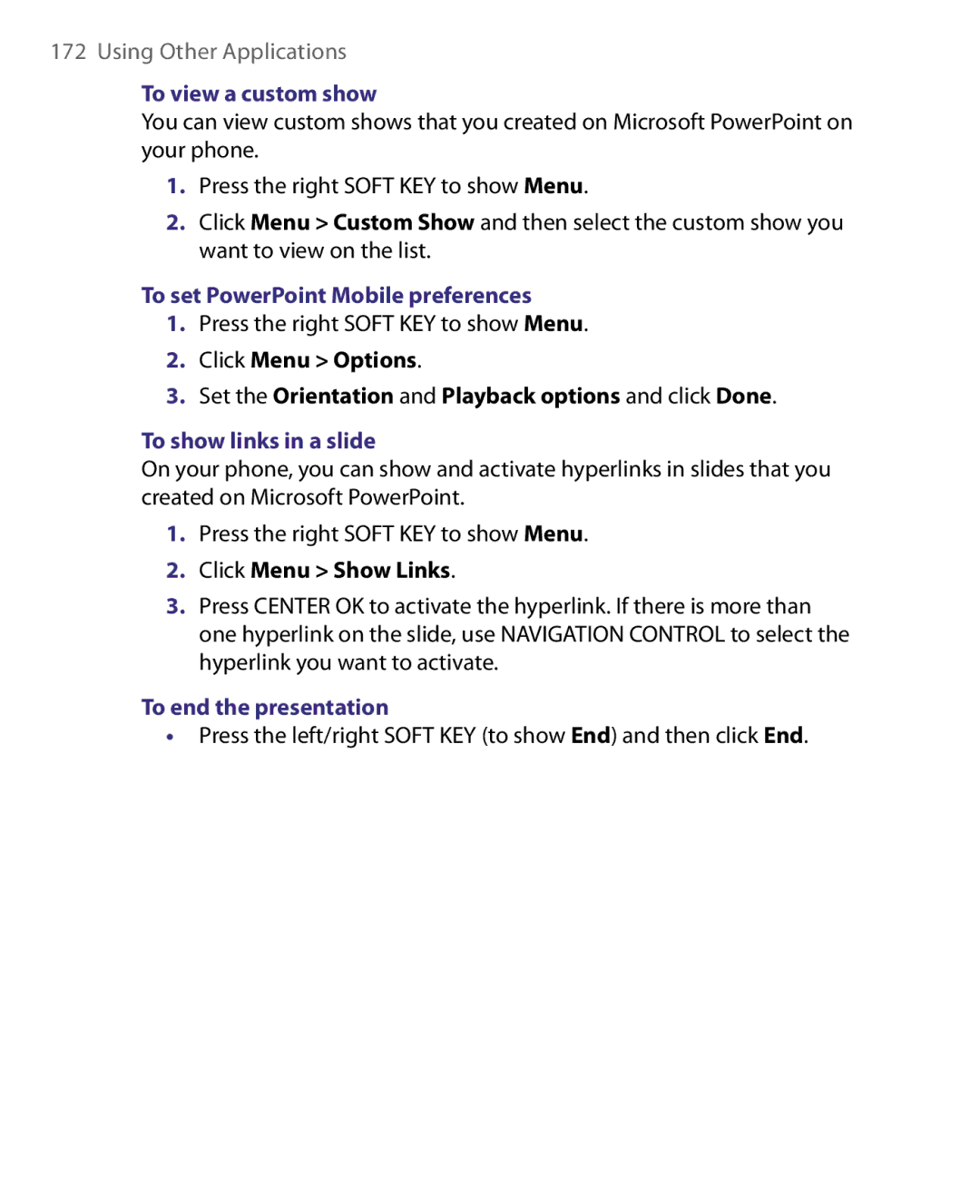 HTC WING160 To view a custom show, To set PowerPoint Mobile preferences, To show links in a slide, Click Menu Show Links 