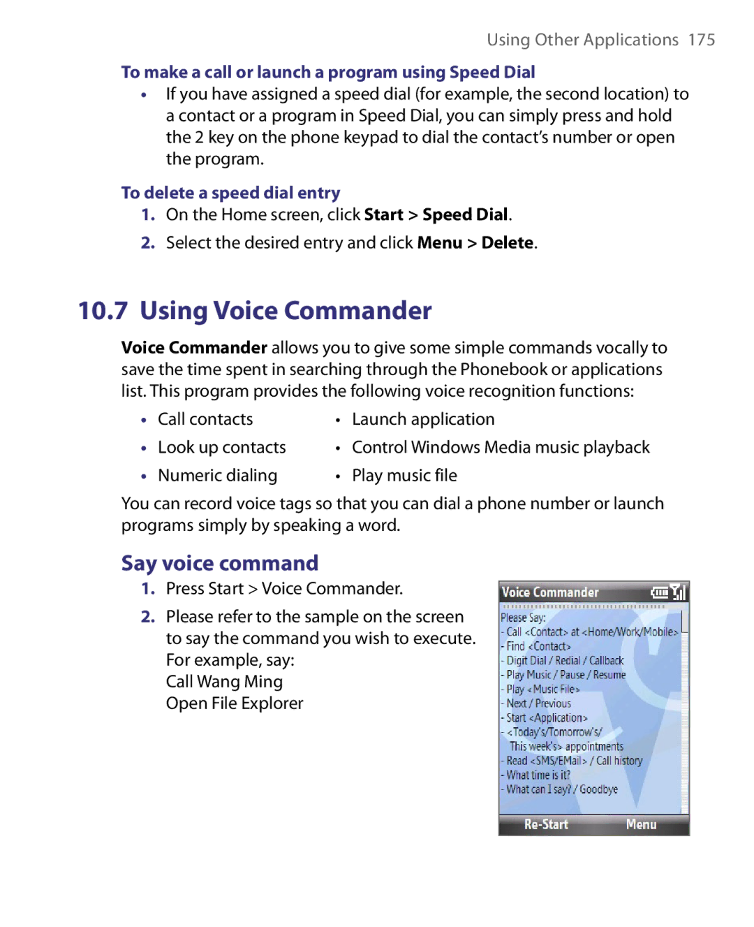 HTC LIBR160, WING160 Say voice command, To make a call or launch a program using Speed Dial, To delete a speed dial entry 