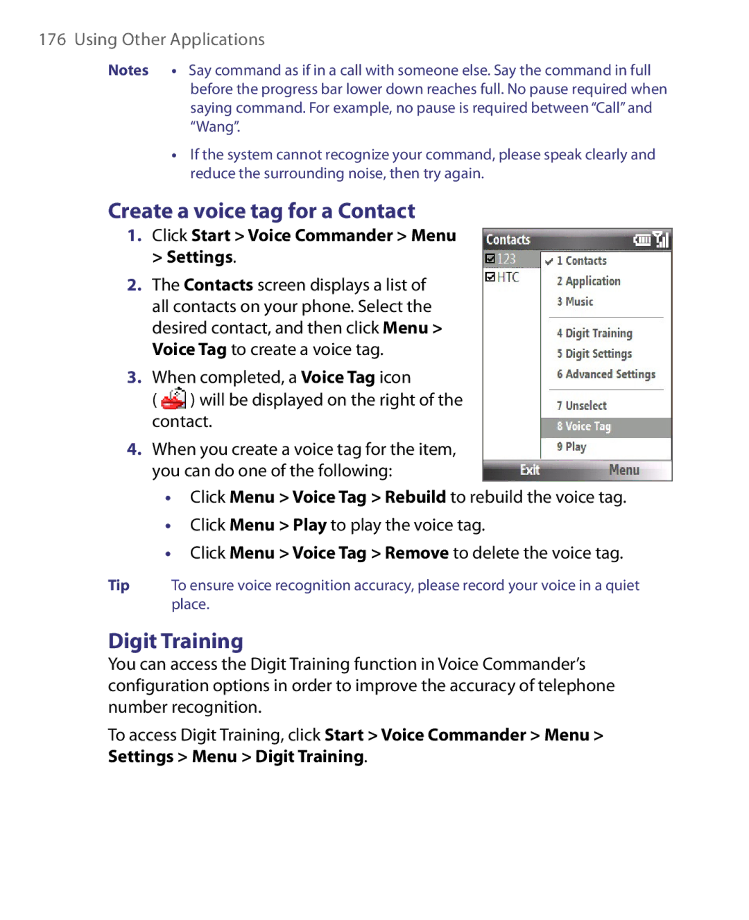 HTC WING160, LIBR160 user manual Create a voice tag for a Contact, Digit Training, Click Start Voice Commander Menu Settings 