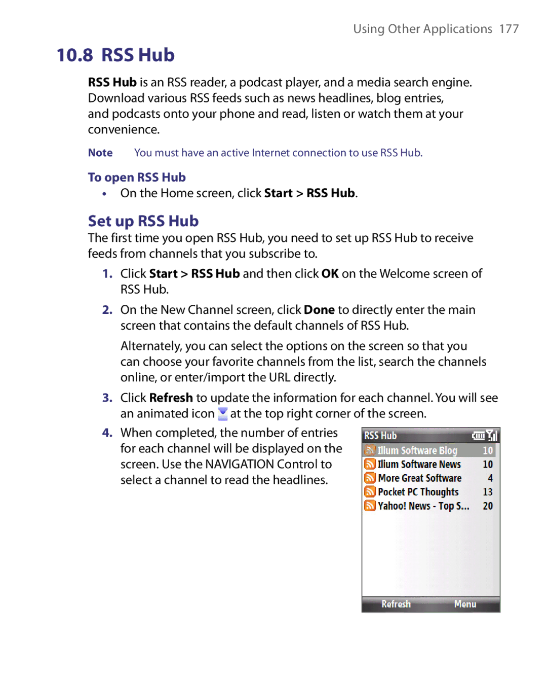 HTC LIBR160, WING160 user manual Set up RSS Hub, To open RSS Hub, On the Home screen, click Start RSS Hub 