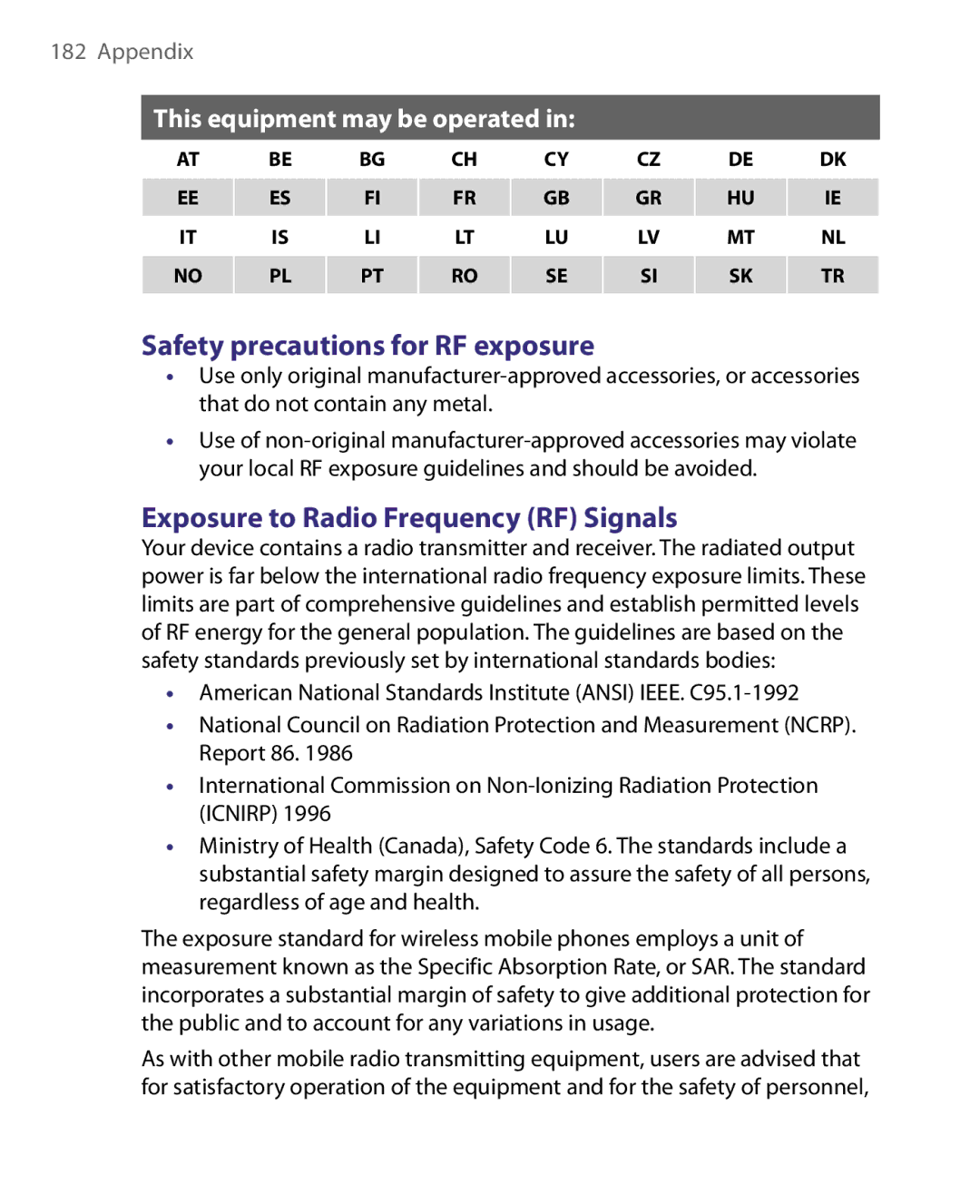 HTC WING160, LIBR160 user manual Safety precautions for RF exposure, Exposure to Radio Frequency RF Signals 