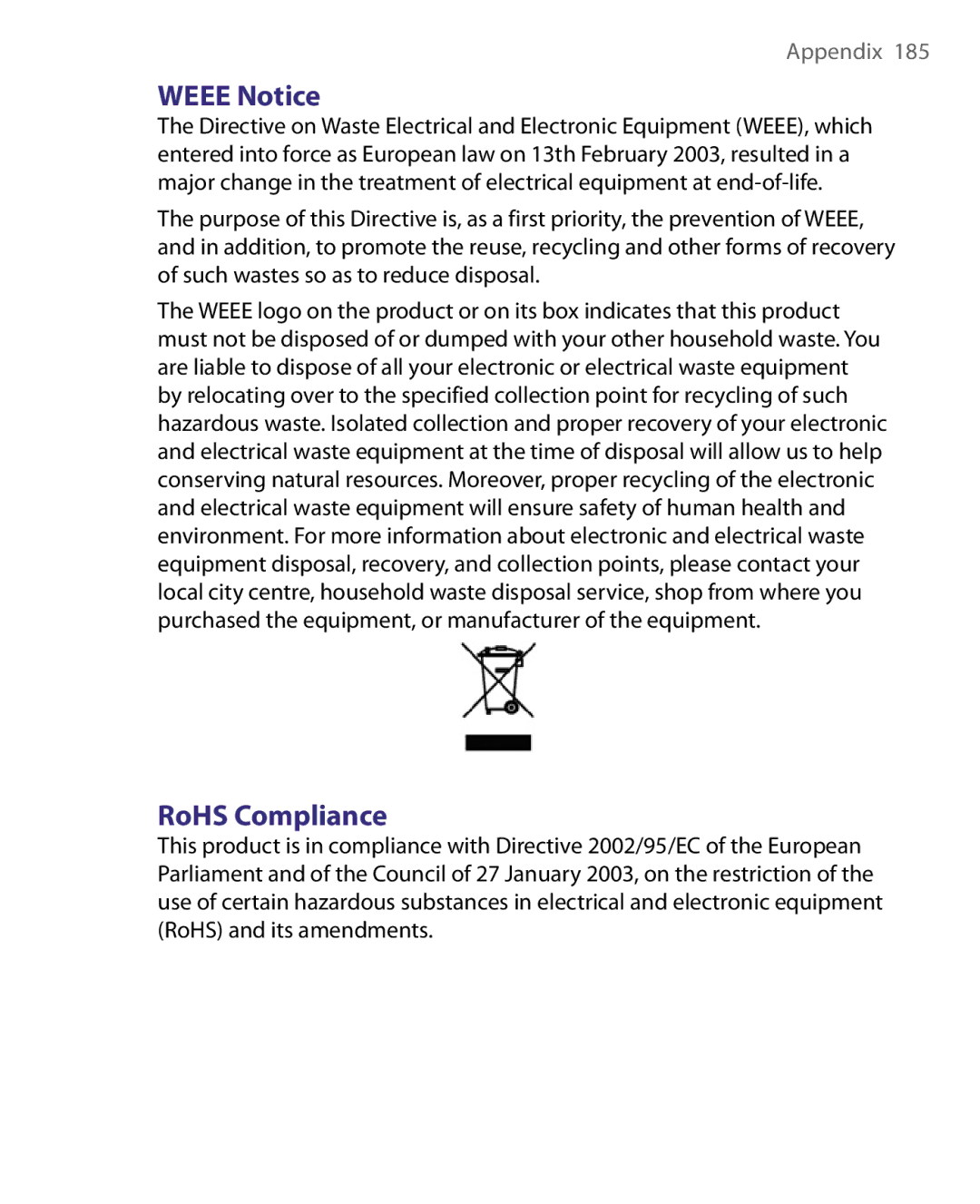 HTC LIBR160, WING160 user manual Weee Notice, RoHS Compliance 