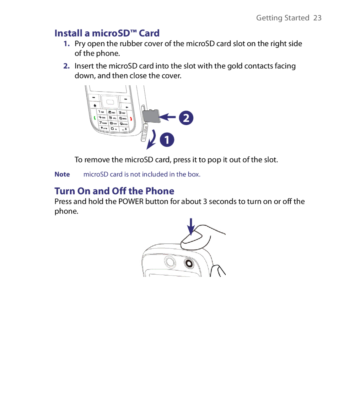 HTC LIBR160, WING160 user manual Install a microSD Card 