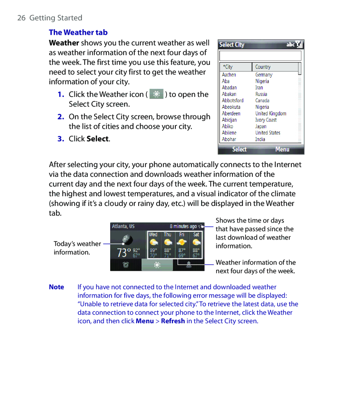 HTC WING160, LIBR160 user manual Weather tab 