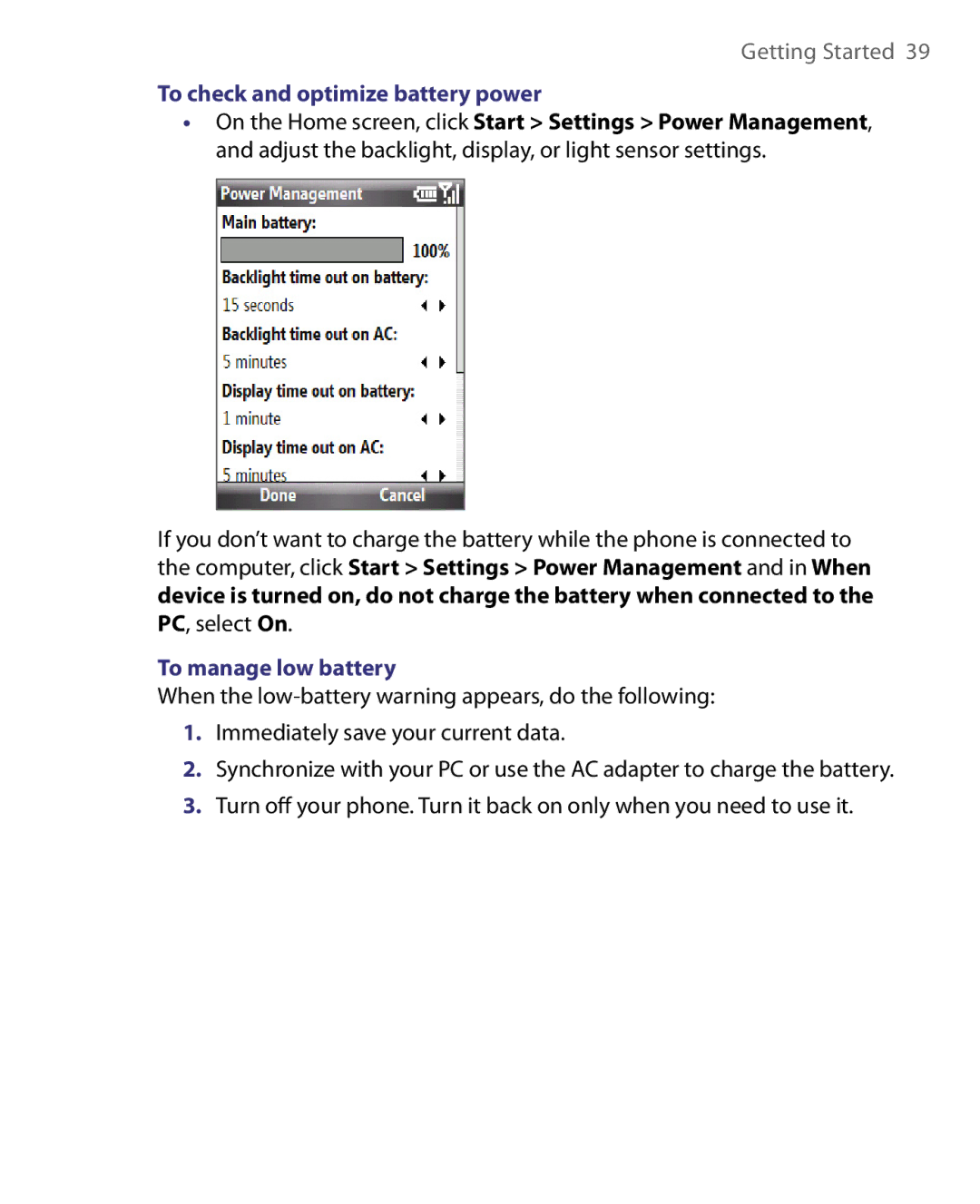 HTC LIBR160, WING160 user manual To check and optimize battery power, To manage low battery 