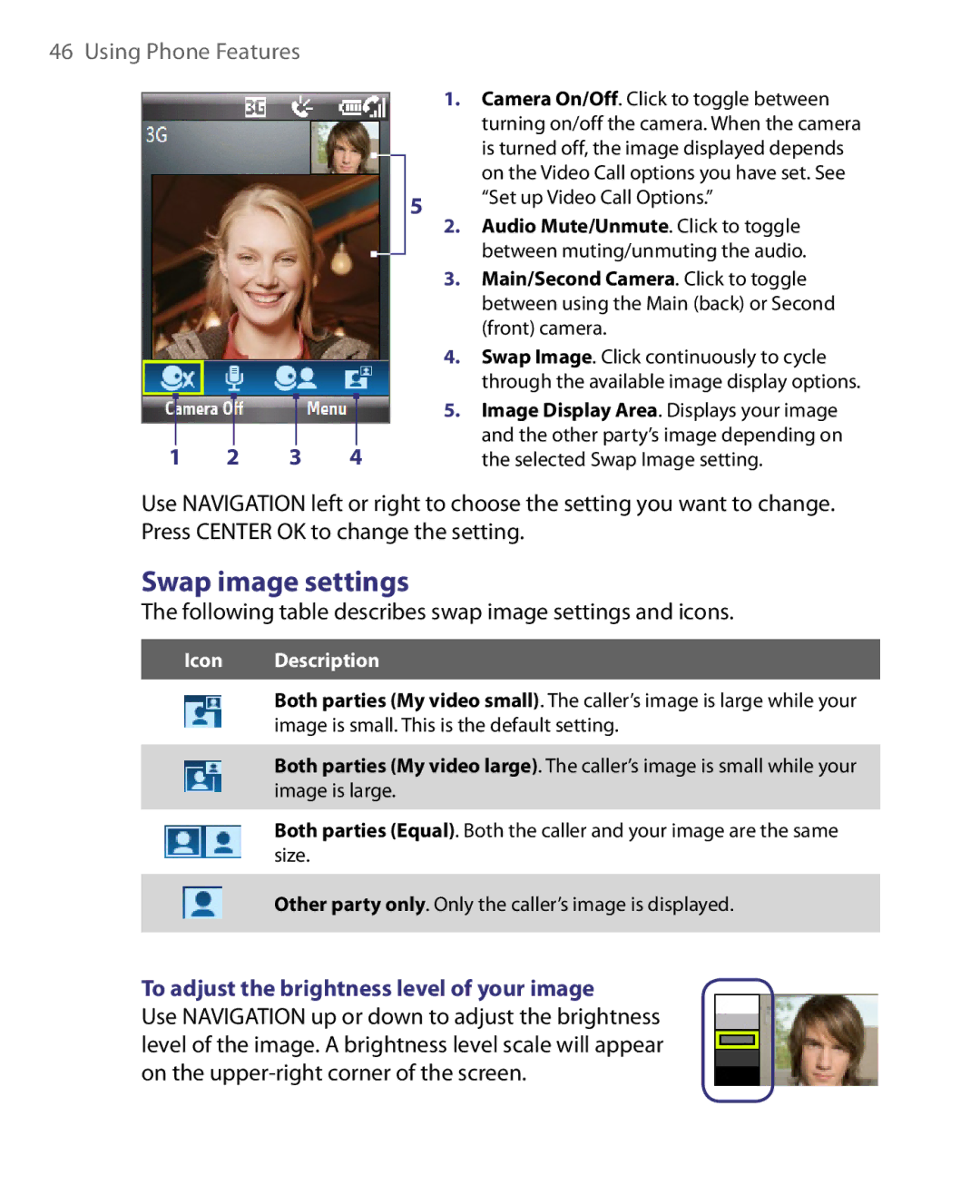 HTC WING160, LIBR160 user manual Swap image settings, Following table describes swap image settings and icons 