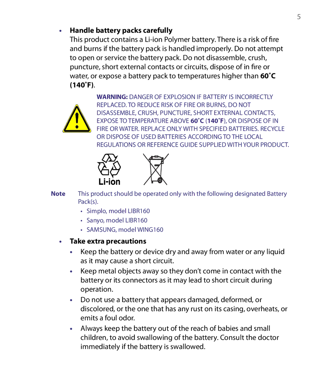 HTC LIBR160, WING160 user manual Handle battery packs carefully, Take extra precautions 