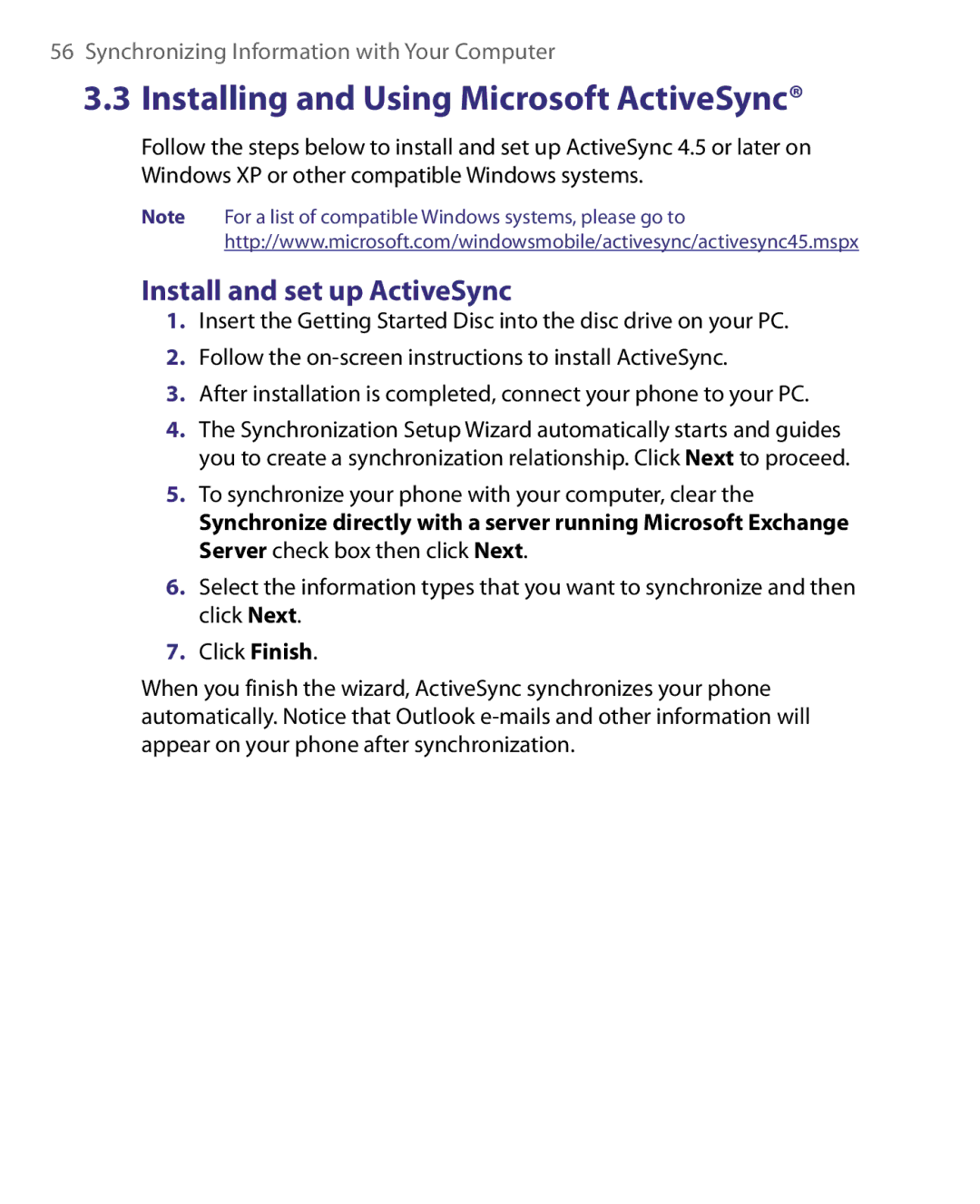 HTC WING160, LIBR160 user manual Installing and Using Microsoft ActiveSync, Install and set up ActiveSync 