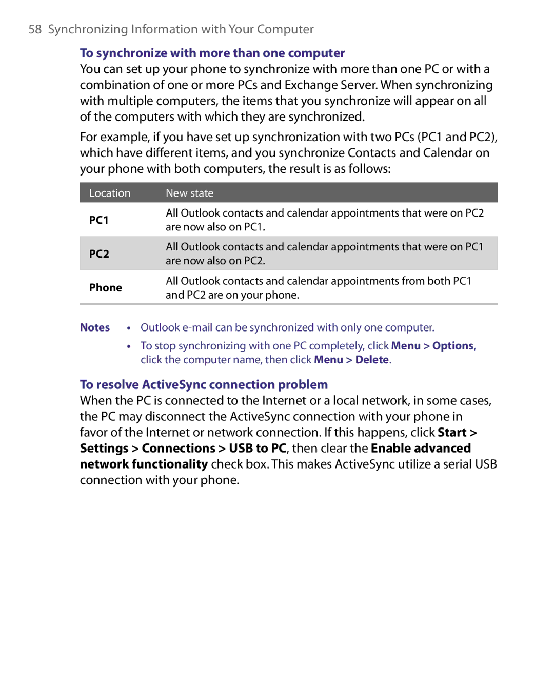 HTC WING160, LIBR160 user manual To synchronize with more than one computer, To resolve ActiveSync connection problem, Phone 