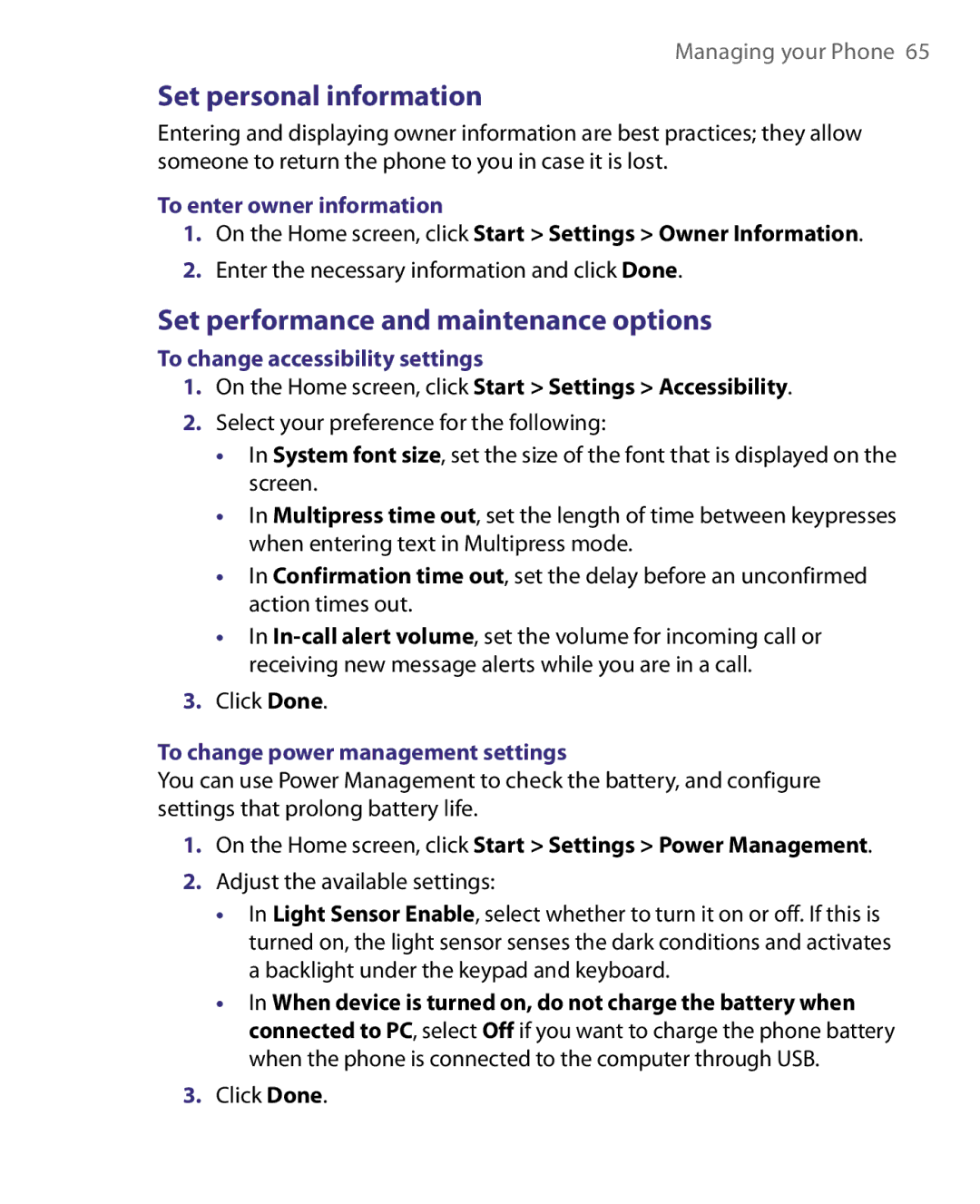 HTC LIBR160, WING160 Set personal information, Set performance and maintenance options, To enter owner information 