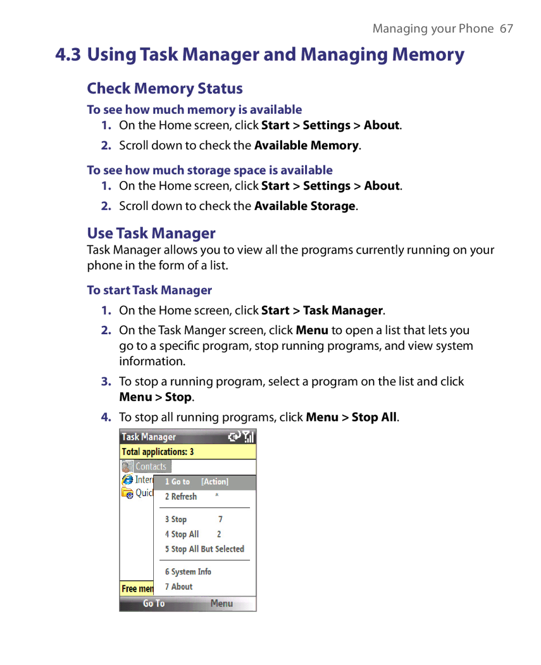 HTC LIBR160, WING160 Check Memory Status, Use Task Manager, To see how much memory is available, To start Task Manager 