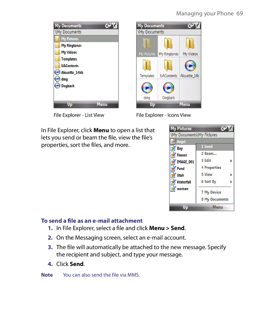 HTC LIBR160, WING160 user manual To send a ﬁle as an e-mail attachment 