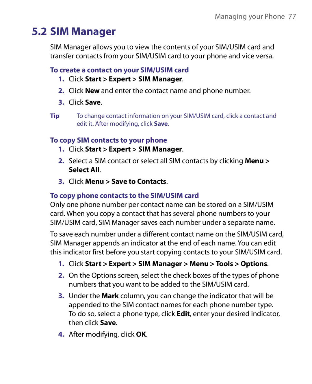 HTC LIBR160, WING160 user manual To create a contact on your SIM/USIM card, To copy SIM contacts to your phone 