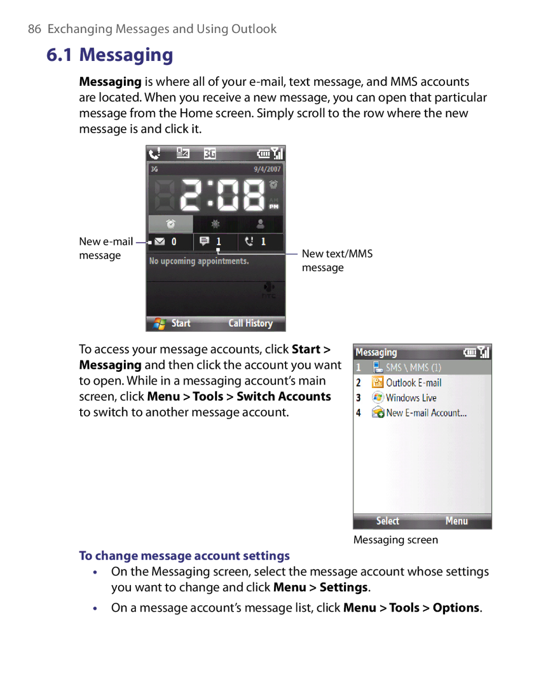 HTC WING160, LIBR160 user manual Messaging, To switch to another message account, To change message account settings 