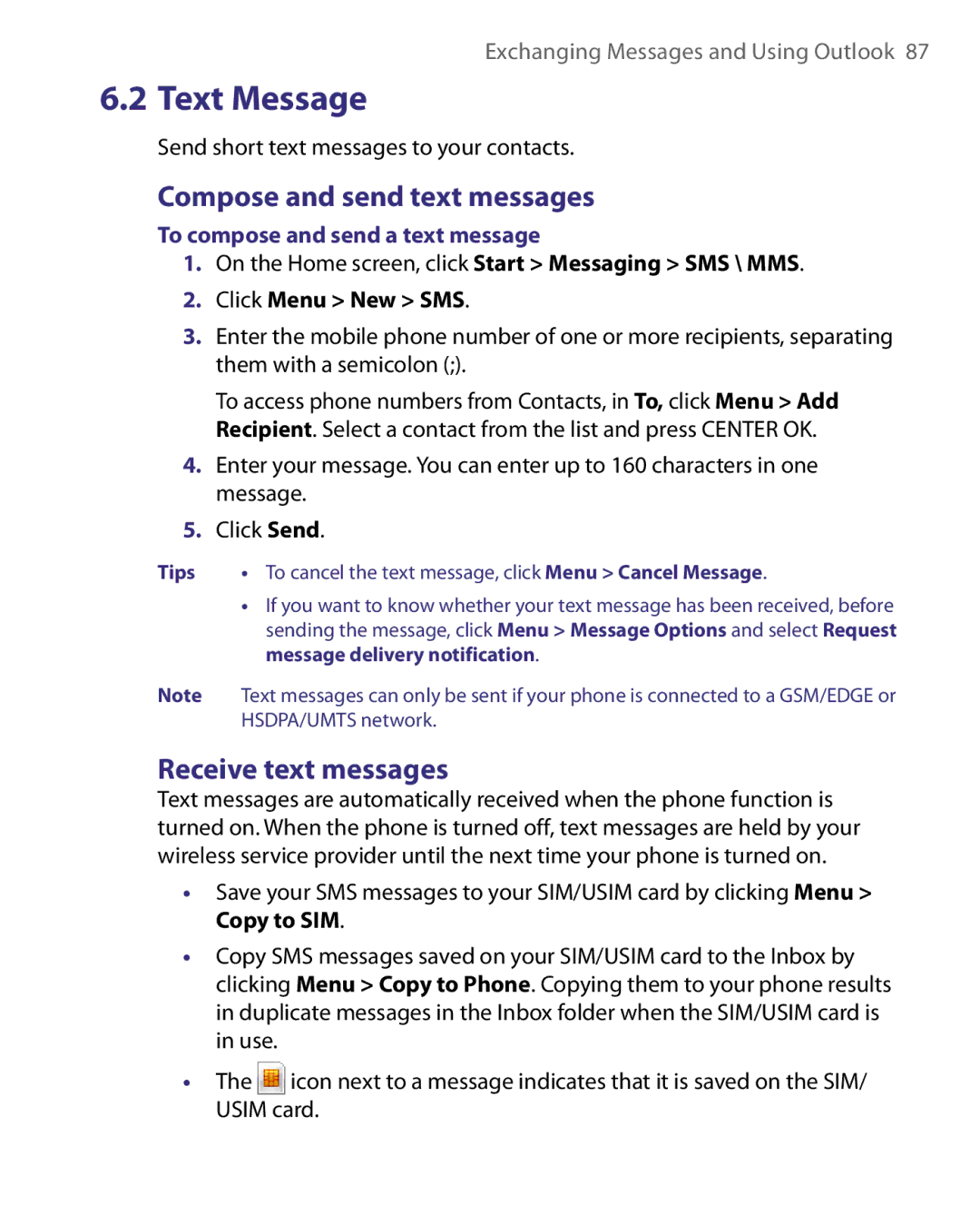 HTC LIBR160, WING160 Compose and send text messages, Receive text messages, Send short text messages to your contacts 