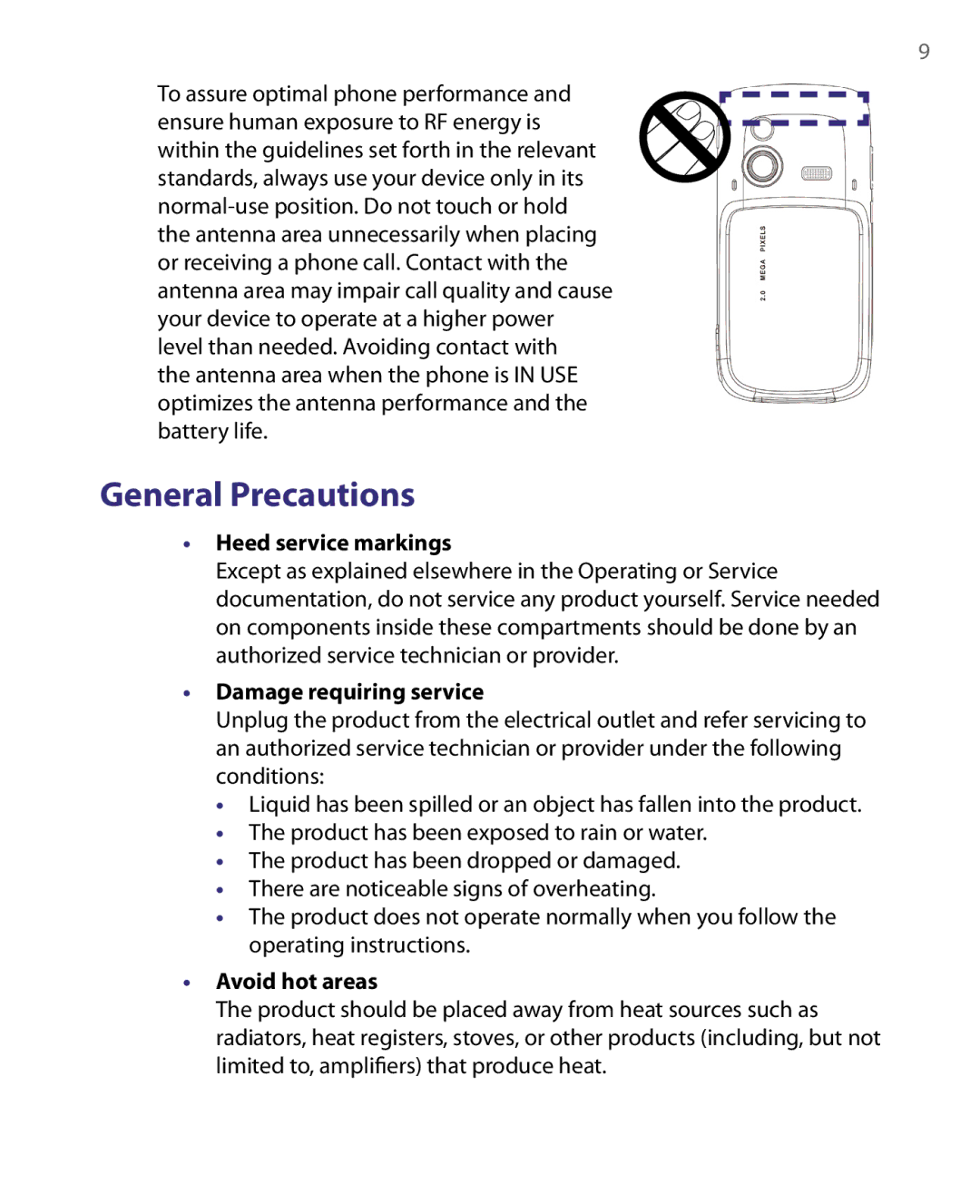 HTC LIBR160, WING160 user manual General Precautions, Heed service markings, Damage requiring service, Avoid hot areas 