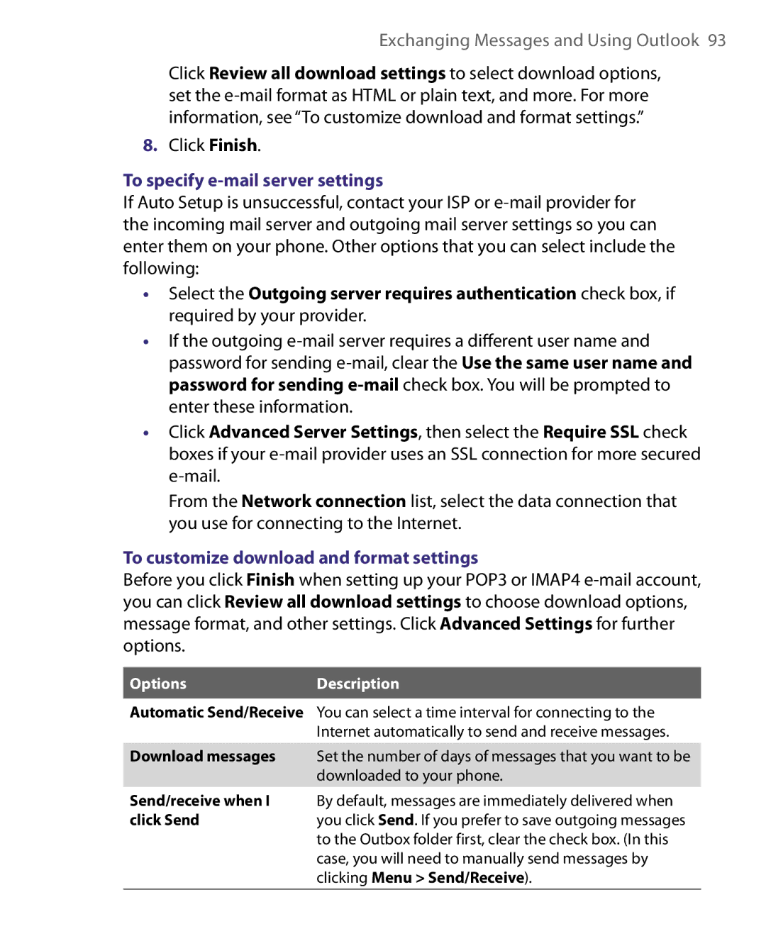 HTC LIBR160, WING160 To specify e-mail server settings, To customize download and format settings, OptionsDescription 