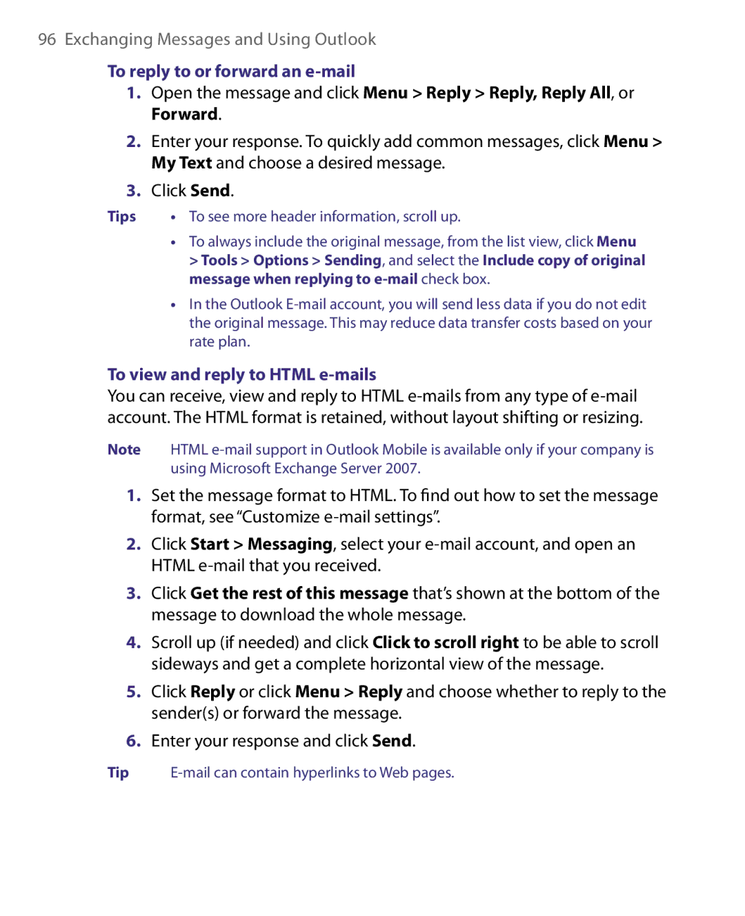 HTC WING160, LIBR160 user manual To reply to or forward an e-mail, To view and reply to Html e-mails 