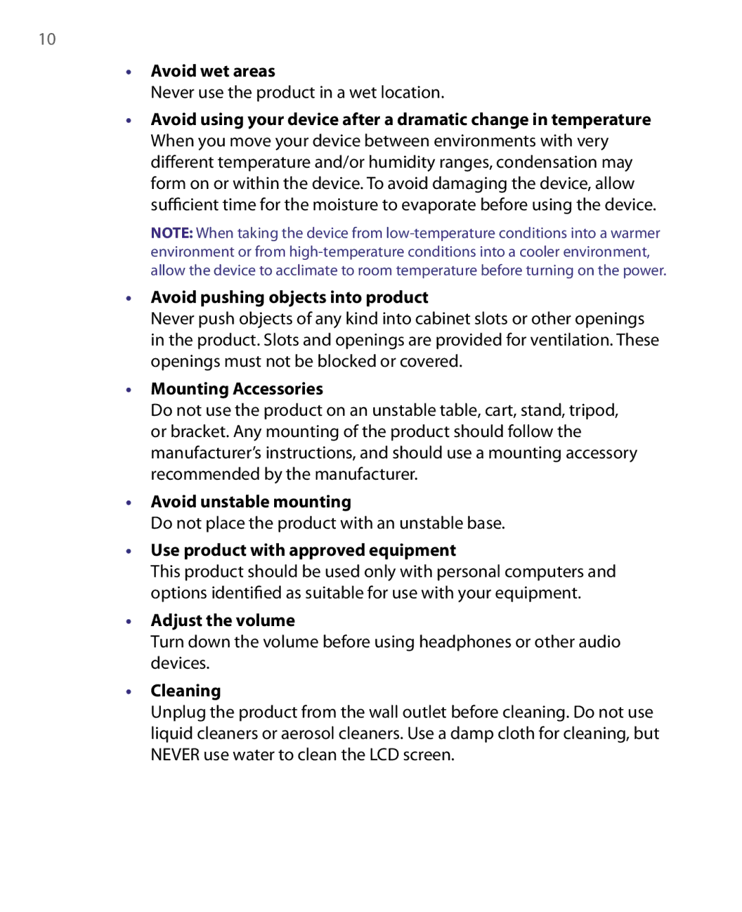 HTC WING220 Avoid wet areas, Avoid pushing objects into product, Mounting Accessories, Avoid unstable mounting, Cleaning 