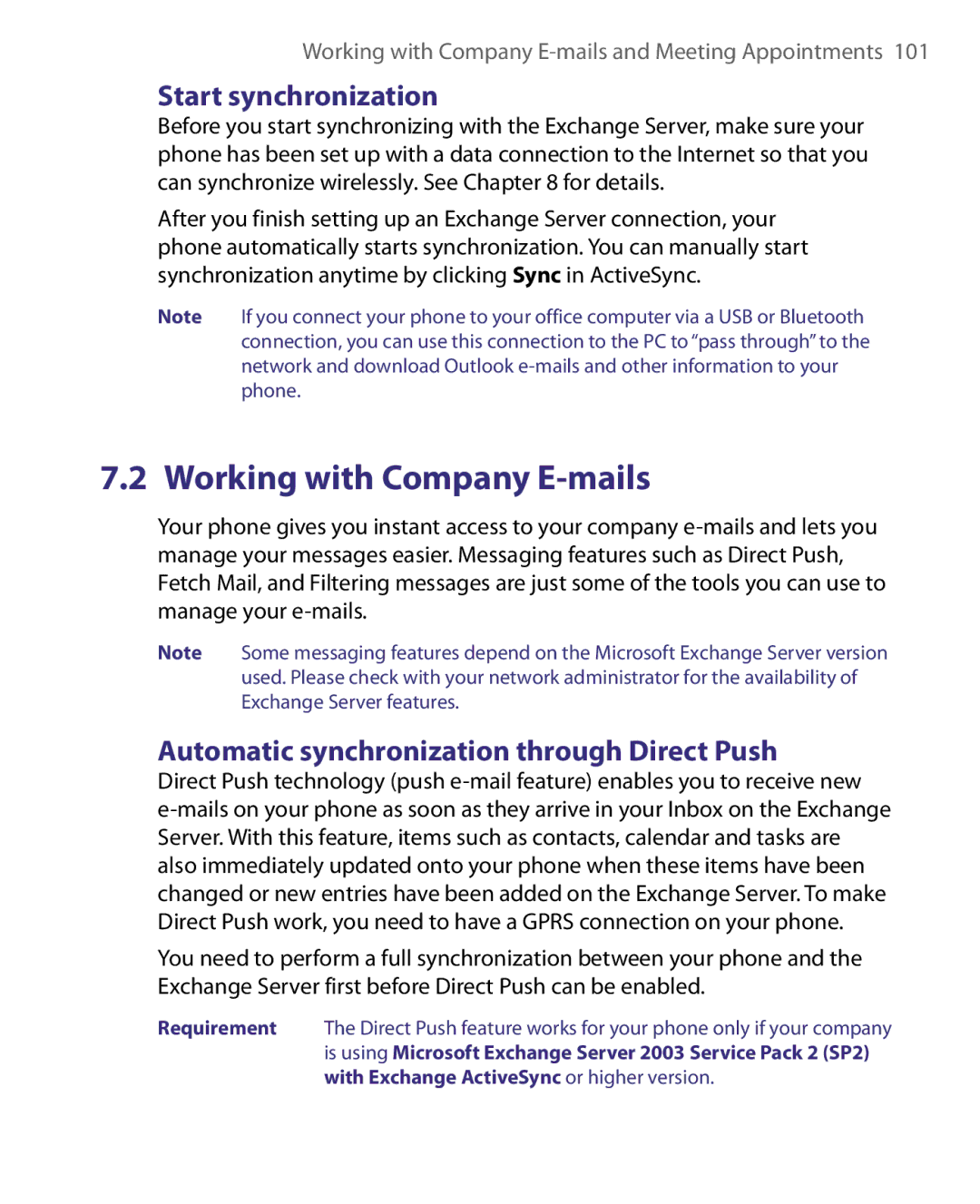 HTC WING220 user manual Working with Company E-mails, Start synchronization, Automatic synchronization through Direct Push 