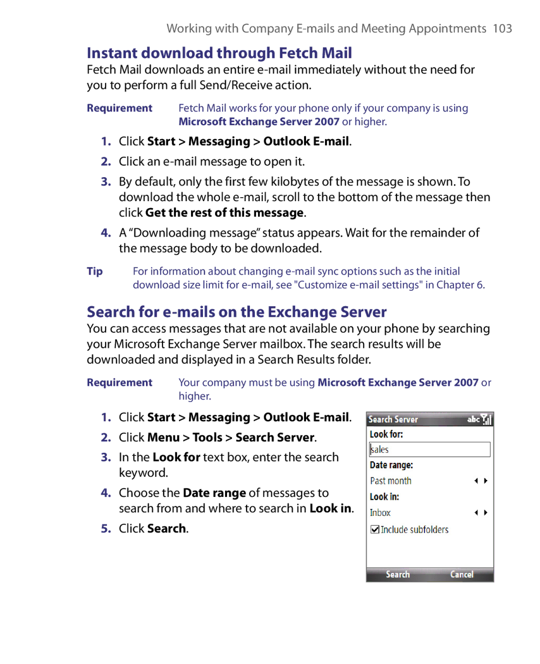 HTC WING220 user manual Instant download through Fetch Mail, Search for e-mails on the Exchange Server, Click Search 
