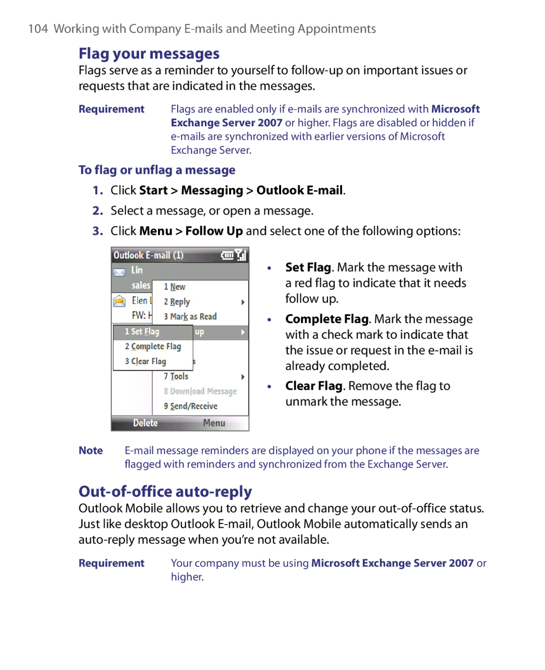 HTC WING220 user manual Flag your messages, Out-of-office auto-reply, To flag or unflag a message 