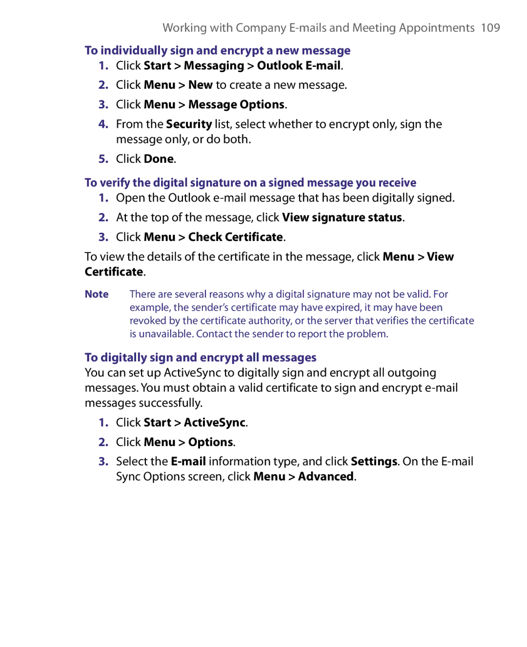 HTC WING220 To individually sign and encrypt a new message, Click Menu Message Options, Click Menu Check Certificate 