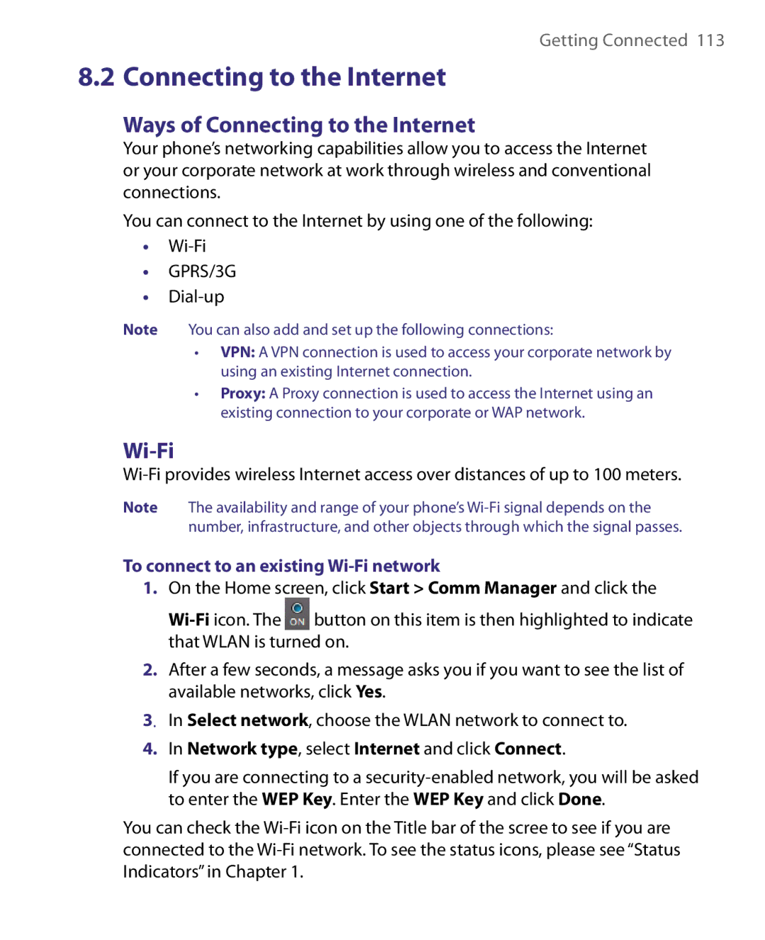 HTC WING220 user manual Ways of Connecting to the Internet, Dial-up, To connect to an existing Wi-Fi network 