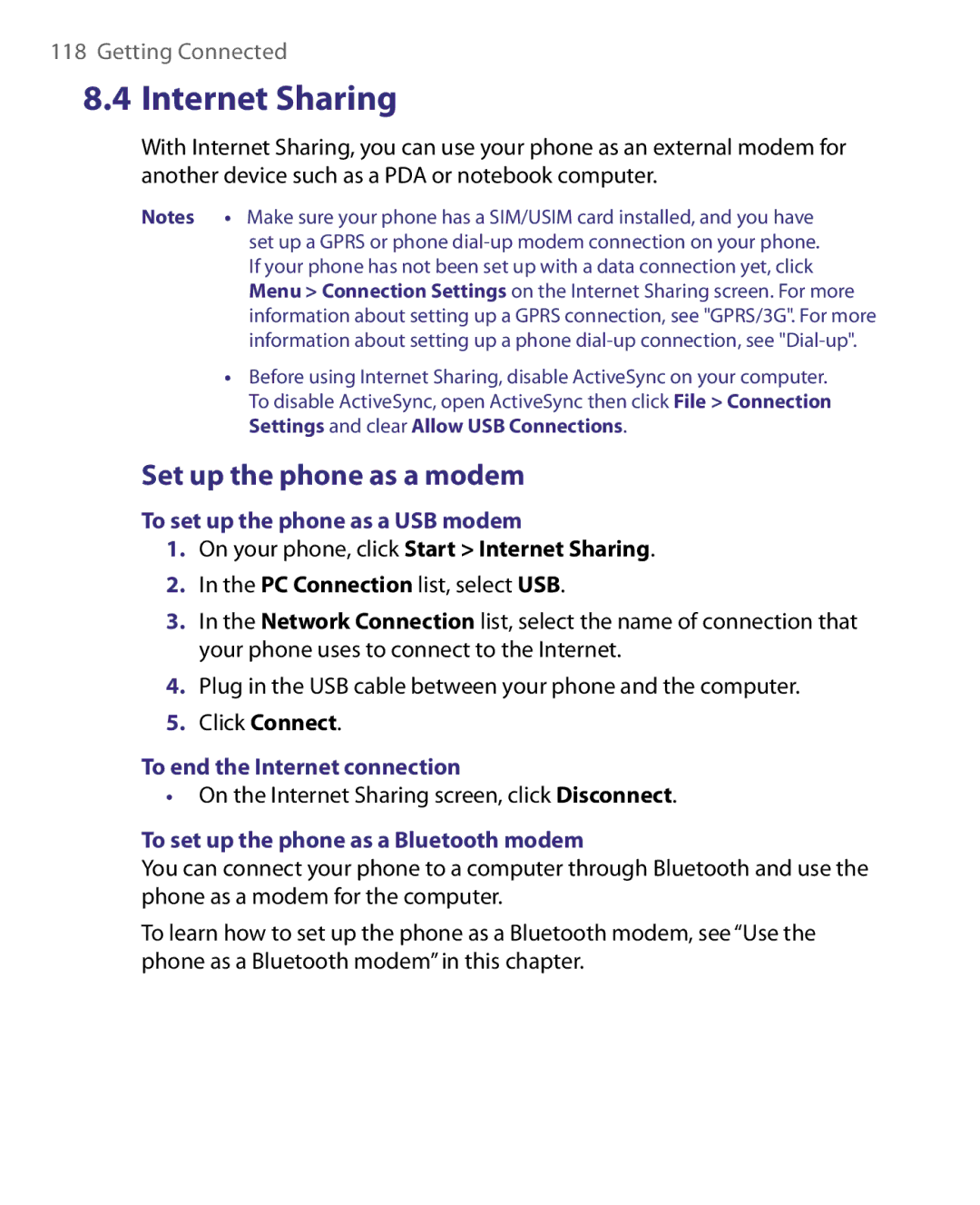 HTC WING220 Set up the phone as a modem, To set up the phone as a USB modem, On your phone, click Start Internet Sharing 