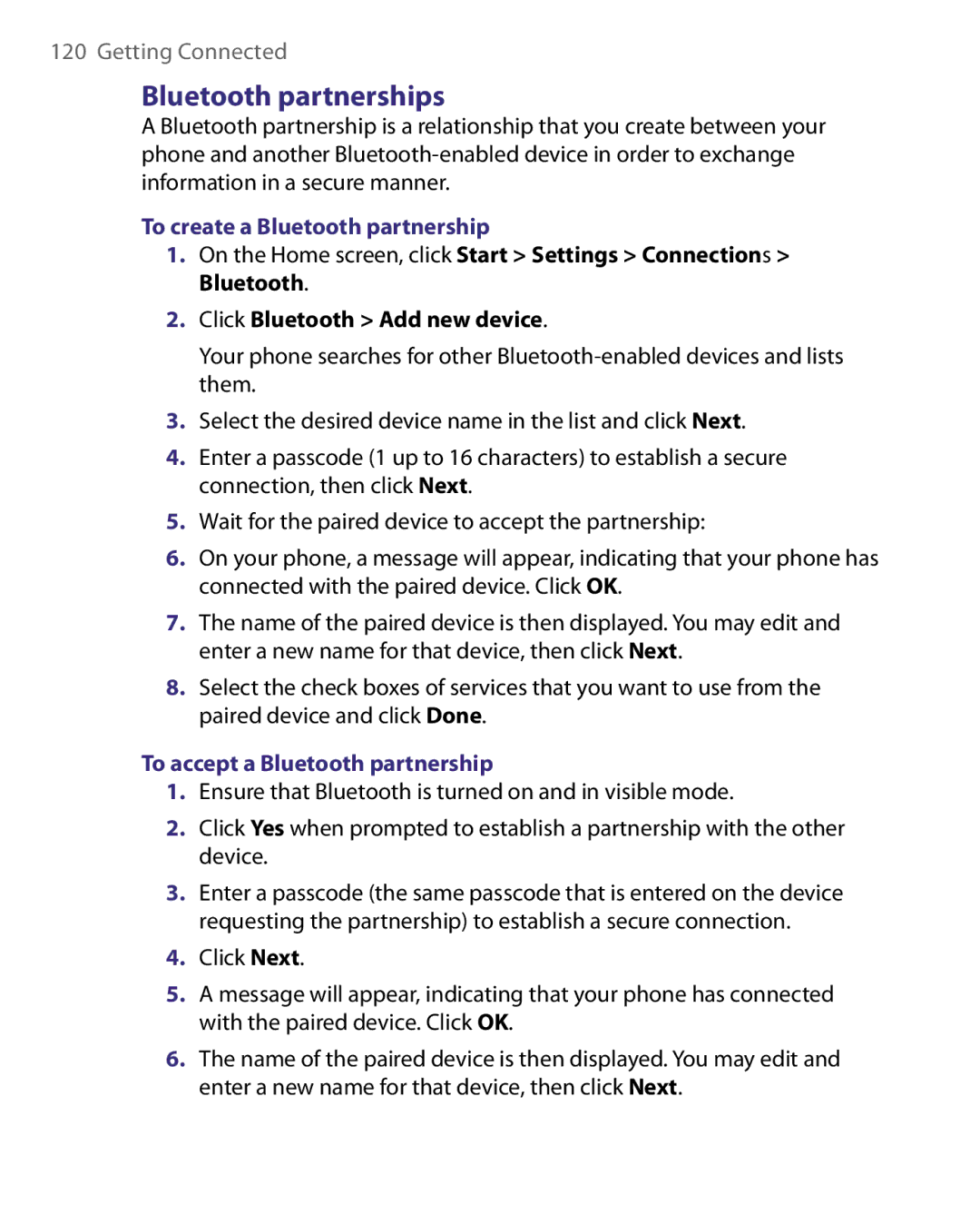 HTC WING220 user manual Bluetooth partnerships, To create a Bluetooth partnership, Click Bluetooth Add new device 