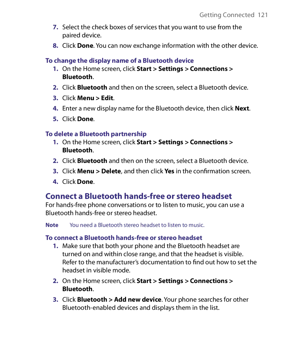 HTC WING220 user manual Connect a Bluetooth hands-free or stereo headset, To change the display name of a Bluetooth device 