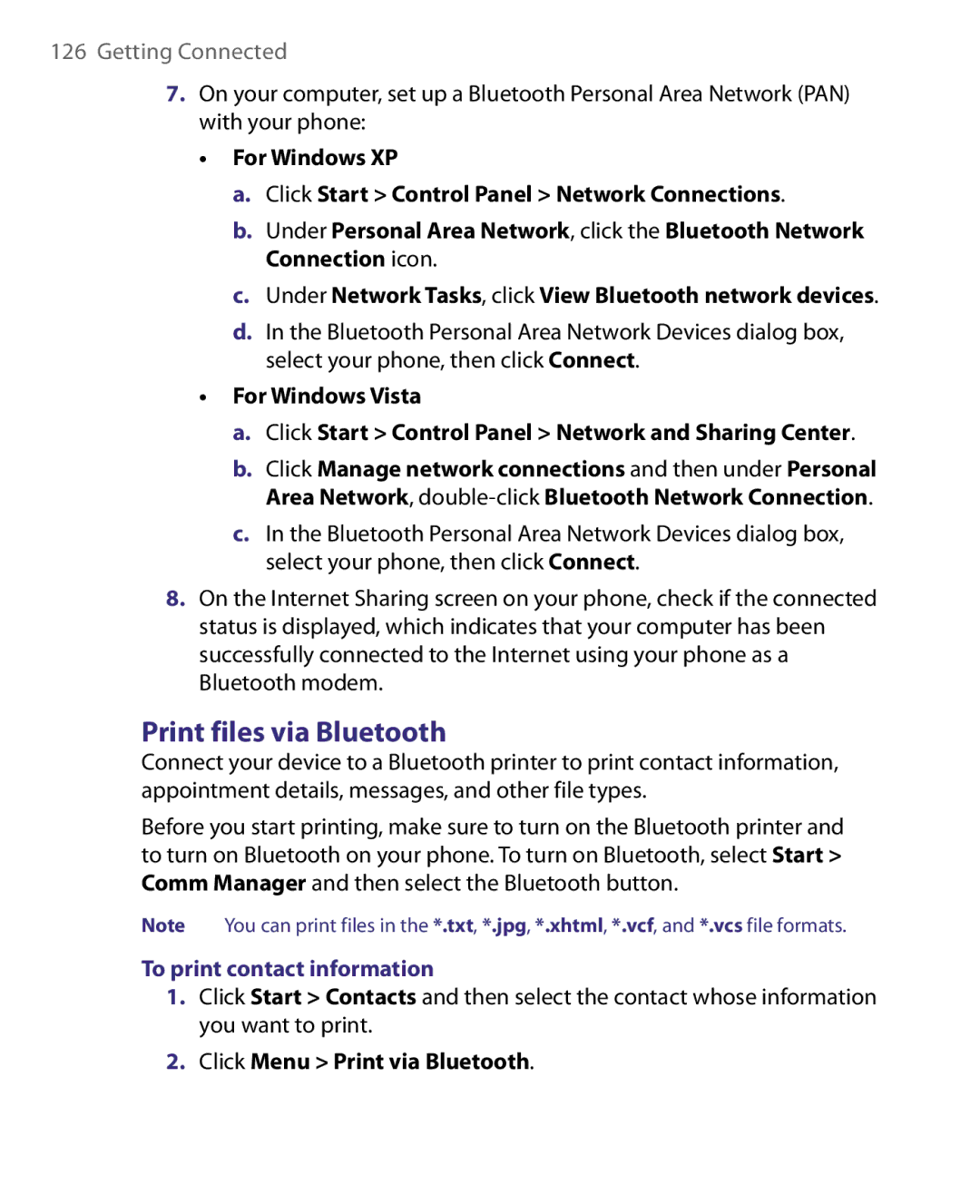 HTC WING220 user manual Print files via Bluetooth, To print contact information, Click Menu Print via Bluetooth 