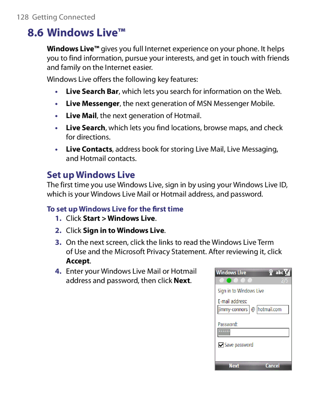 HTC WING220 user manual Set up Windows Live, To set up Windows Live for the ﬁrst time 