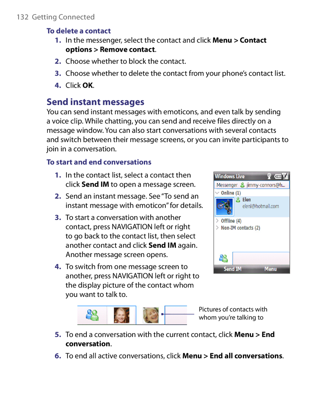 HTC WING220 user manual Send instant messages, To delete a contact, To start and end conversations 