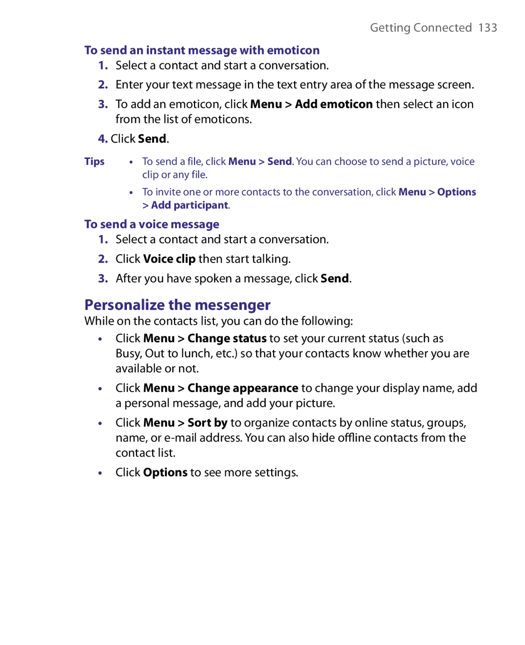 HTC WING220 user manual Personalize the messenger, To send an instant message with emoticon, To send a voice message 