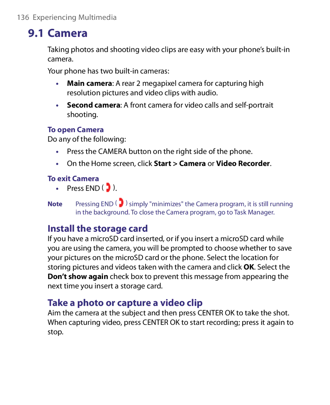 HTC WING220 user manual Install the storage card, Take a photo or capture a video clip, To open Camera, To exit Camera 