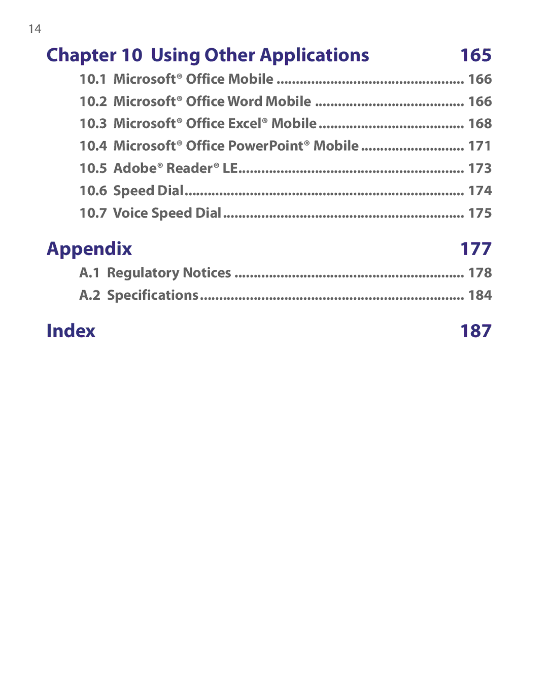 HTC WING220 user manual Using Other Applications 165, Appendix 177, Index 187 